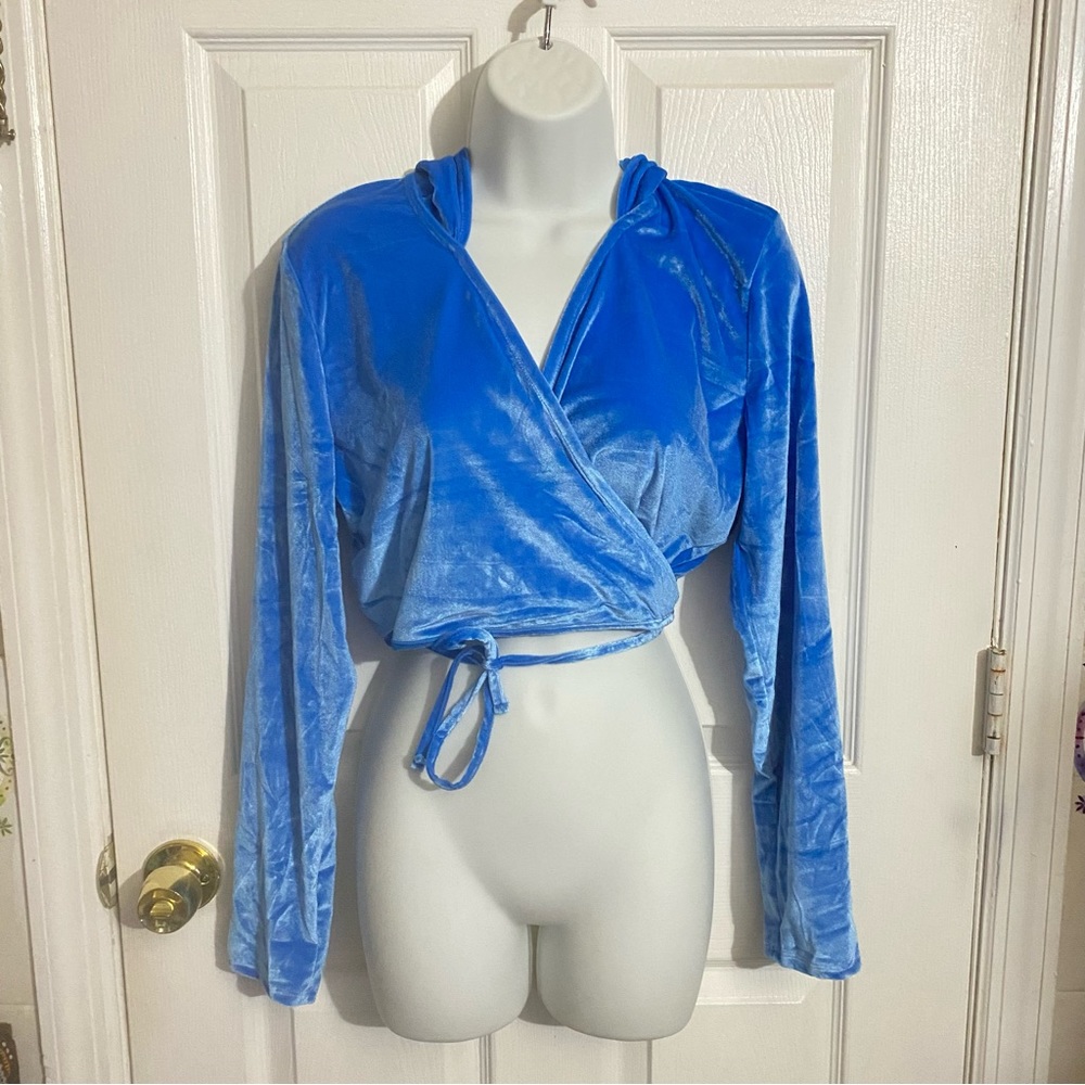 Blue Velour Cropped Wrap Hoodie Top-XL